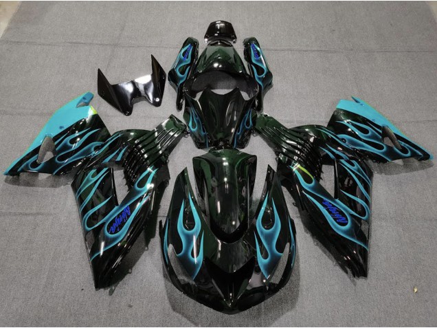 Best Light Blue Flame Kawasaki ZX14R Motorcycle Fairings 2006-2011